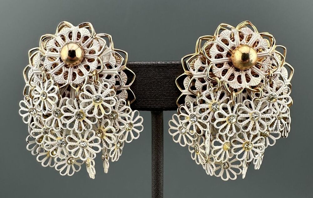Vintage Cha Cha Earrings Filigree Flower Cascade Articulated Dangle White Enamel